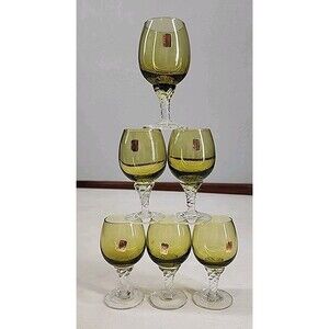 Vintage Set 6 Italian Olive Green Glass Cordials Twisted Stem Elegant Liqueur